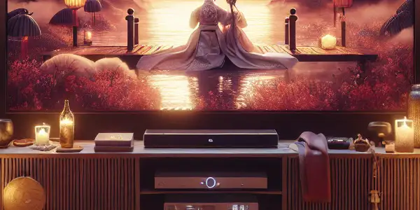 A cozy home entertainment setup featuring a TV displaying a romantic movie scene, surrounded by cushions and popcorn.