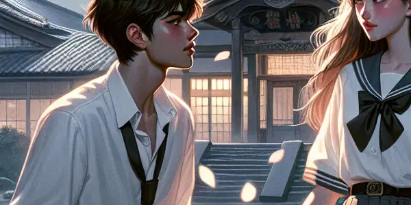 A romantic moonlit scene of a young couple surrounded by cherry blossoms in a Japanese high school setting.