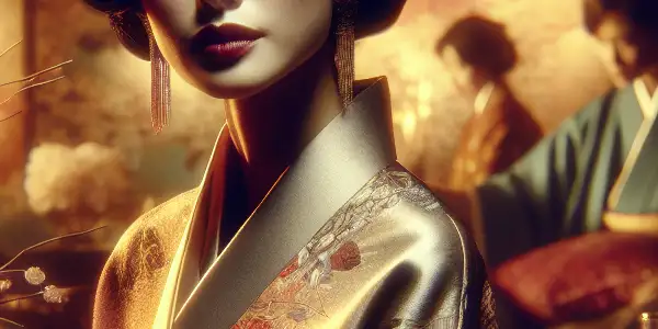 A luxurious film set featuring a confident Japanese actress, embodying romance and intimacy with elegant decor and warm lighting.