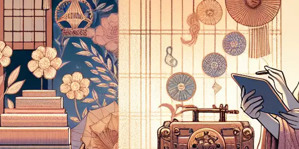 A woman in a cozy bedroom explores desire, holding a tablet amidst symbols of sensuality and empowerment.