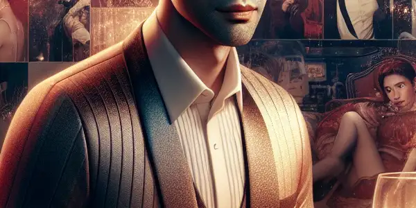 A glamorous male actor in a stylish lounge, surrounded by cinematic elements and soft, seductive lighting.
