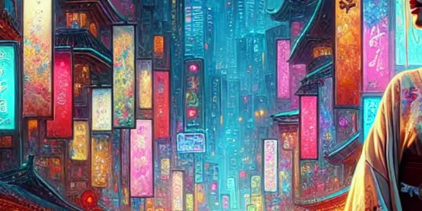 A serene woman in a kimono stands under cherry blossoms in a vibrant, neon-lit cityscape.