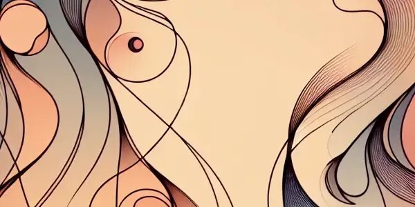 Two abstract figures intertwined in a playful pose, surrounded by whimsical lines and soft pastel colors, suggesting intimacy.