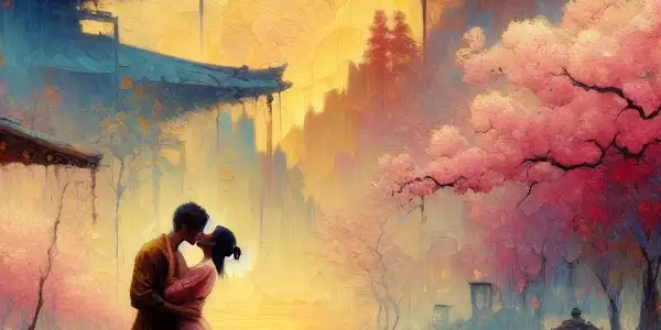 A romantic scene featuring a couple in an intimate moment amidst cherry blossoms and a serene landscape.