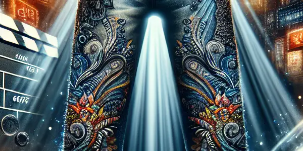 A pair of stylish, suggestive denim jeans in a modern urban setting, evoking South Korean erotic cinema.