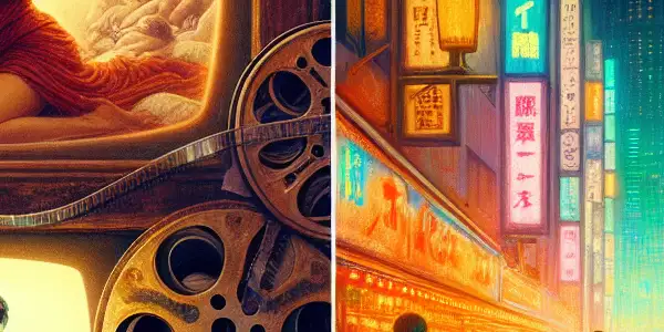 A split scene depicting the evolution of emotion in adult films: vintage erotic cinema vs. modern Japanese AV.<a href=