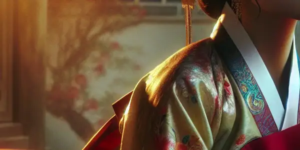 A beautiful woman in a vibrant hanbok expresses longing in a traditional Korean setting, surrounded by soft lighting and architecture.