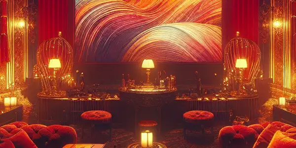 A luxurious, dimly lit room featuring modern entertainment and elements of eroticism and allure.