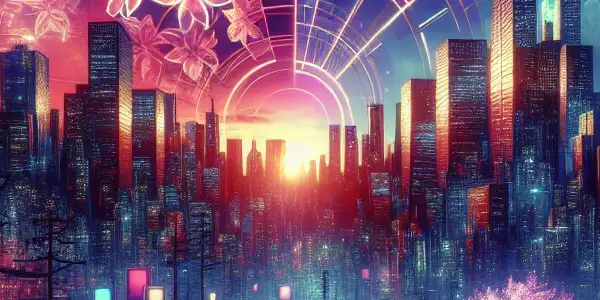 A vibrant digital landscape featuring a futuristic city skyline, cherry blossoms, and couples exploring adult film themes.