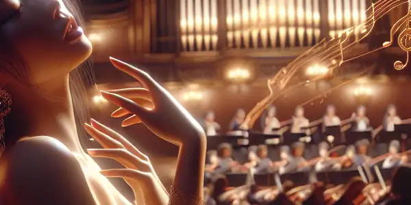 A romantic scene in a grand symphony hall featuring an elegant female figure amidst floating musical notes.