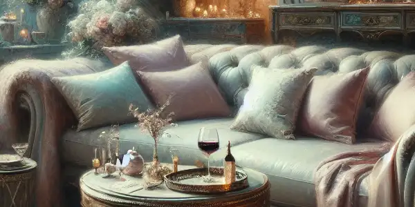 A cozy, softly lit room with a plush sofa, romantic decor, and subtle hints of intimacy and relaxation.