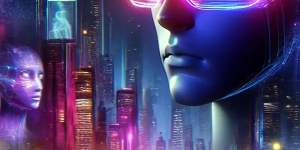 A futuristic cityscape at night featuring a protagonist with glowing glasses, surrounded by ethereal silhouettes and neon lights.