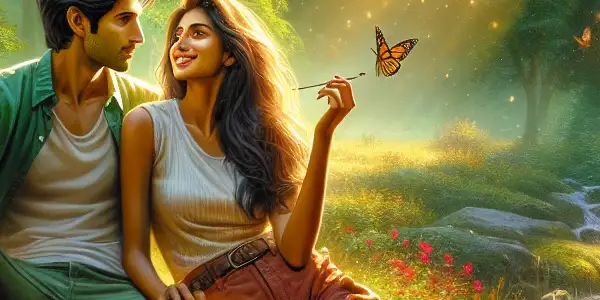 A joyful couple playfully interacting in a vibrant forest clearing filled with wildflowers and dappled sunlight.