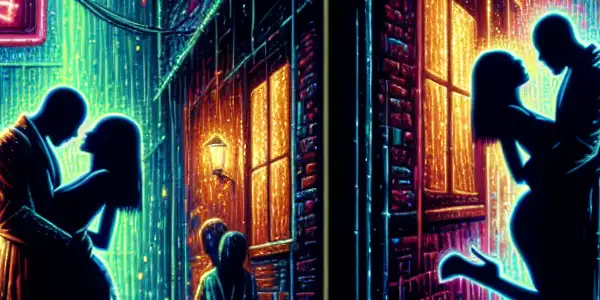 A vibrant urban night scene featuring two figures in a passionate embrace, illuminated by neon lights.