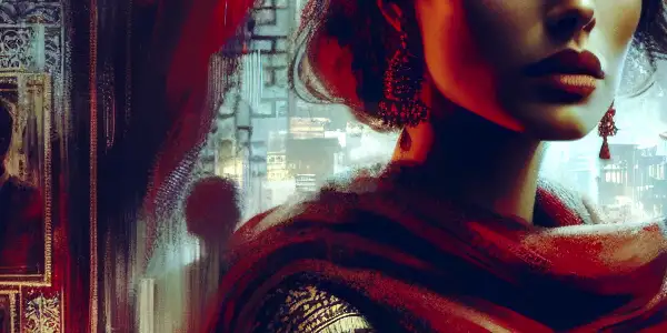 A fierce woman confronts betrayal in a dimly lit, luxurious bedroom, embodying strength and vulnerability.