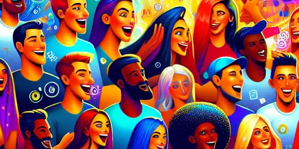 A lively community gathering featuring diverse characters sharing expressive emojis inspired by playful adult entertainment themes.